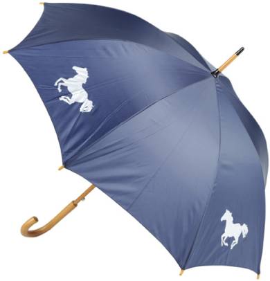Blauer Regenschirm mit Pferdemotiven
